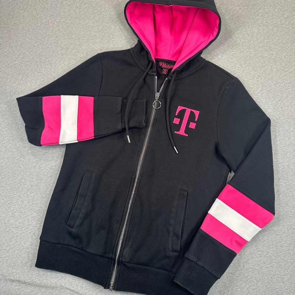 T-Mobile Jacket Womens XS Full Zip Hoodie Black Magenta White Logo Sweat